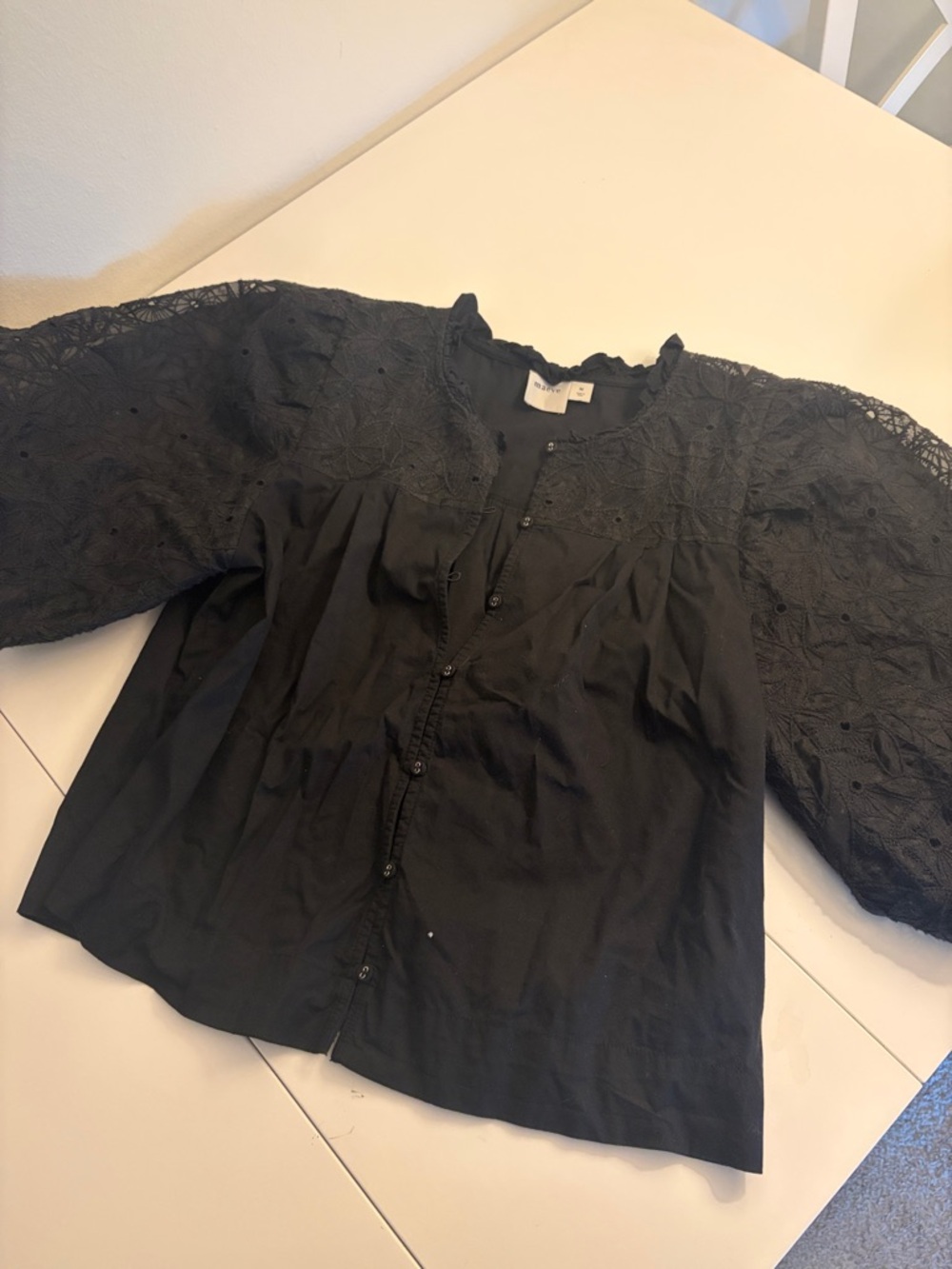 Anthropologie Maeve Puff Sleeve Button Detail Black Top